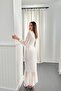 Women's White Chiffon Front Gathered High Neck Long Sleeve Slit Midi Dress - 5