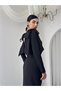 Women's Black Midi Dress with Crew Neck, Bow Detail on the Shoulder and Slit - 2