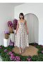Women's Beige Midi Dress with Square Collar, Floral Pattern, Straps and Gathered Waist - 4