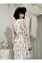 Women's Coffee Color Chiffon Floral Patterned Layered Flounce Belted Long Dress - 6