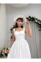 Women's White Dress with Scallop Texture, Straps, Heart Collar, Gathered Long Dress - 2