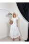Women's White Maxi Square Neck Lace-Up Balloon Sleeve Ruffled Lace Detailed Flared Dress
