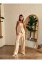Women's Beige Top and Bottom Set Strapless Button Detailed Pocketed Vest Wide Leg Pants Set - 4