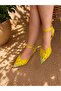 Ri̇na Yellow Lace 3 cm Heel Shoes with Pointed Toe and Straps - 5