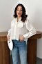 Women's White Floral Appliqué Fleto Pocket Poplin Long Sleeve Buttoned Short Shirt - 2