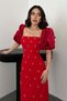 Women's Red Dress Midi Square Neck Balloon Sleeves Beaded Embroidery Pencil Cut - 3