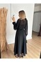 Women's Black Long Double-Breasted Collar Lace-Up Waist Detailed Chiffon Sleeves Flared Dress - 4