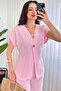 Women's Pink Bottom-Top Set Linen Double Set Single Button V-Neck Lace-Up Wide Leg - 2