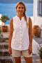 White High Collar Sleeveless Buttoned Embroidered Casual Cotton Woven Blouse 70 60 - 6