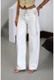 Women's Ecru Double Belt Baggy Fit Double Belt Detailed Ecru High Waist Wide Leg Jean Trousers