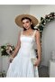 Women's Ecru Midi Dress Square Collar Lace Strap Layered Skirt Poplin Textured - 7
