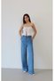 Women's Blue Palazzo Trousers High Waist Elastic Lace-Up Wide Leg with Pockets - 3