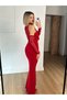 Women's Red Maxi Dress Draped Gathered Lace Detailed Sleeveless Slim Fit - 3
