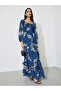 Blue Floral Print Ruched Long Sleeves Tiered Maxi Dress - 3