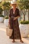 Italian Brown Shirt Collar 3/4 Sleeve Lined Skirt Ruffle Embroidered Silk Long Woven Dress 137 58 - 4