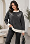 Women's Crew Neck Fuzzy Knit Sweater – Leaf Pattern, Contrast Detail, Oversize - 3