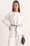 Women's Asymmetrical Cut Belt Detailed Satin White Blouse - 5