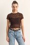 Women's Crew Neck Short Sleeve Transparent Lace Bitter Coffee Blouse