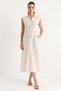 Women's Gold Buttoned Waist Detailed Linen Beige Dress - 5