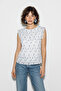 Women's Floral Patterned Ruffle Detailed Lined Pleated Chiffon Blue Blouse - 3