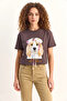 Women's Print Sequin Detailed Bow Basic Brown T-Shirt - 3
