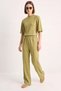 Women's Ribbed Half Sleeve T-Shirt with Elastic Collar and Wide Leg Pants in Pistachio Green Set - 3
