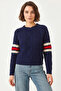 Women's V-Neck Patterned Knitwear Navy Blue Sweater