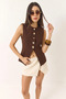 Women's Crew Neck Gold Button Detailed Lined Woven Bitter Brown Vest - 5