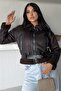Women's Belted Plush Lined Leather Coat with Fur Detail Biker Jacket - 2