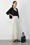 Women's Elastic Waist Self-Patterned Lined Midi Ecru Skirt - 2