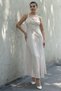 Women's Summer Cream Color Gathered Bust Front Slit Strappy Long Dress 50322 - 4