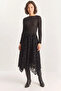Women's Patterned Lined Asymmetrical Cut Elastic Waist Midi Black Skirt - 7