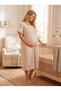New Season Beige Muslin Fabric Design with Easy Breastfeeding Feature, Ruffle Sleeve Detail, Summer 100% Cotton Maternity Nightgown - 8