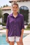 Purple Shirt Collar Short Sleeve Buttoned Mesh Pockets Tieable Waist Brodeled Cotton Woven Jacket 53 60 - 4