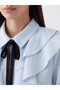 Blue Shirt Collar Ribbon Detailed Ruffled Blouse - 3