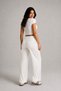 Women's White High-Waisted, Linen Textured Gabardine, Elastic Waist, Lace-Up, Pocketed, Comfortable Cut Pants - 6