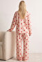 Salmon Red Heart Patterned Buttoned Ribbed Oversize Cotton Knitted Pajama Set 8071 - 3