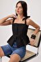Siyah %100 Keten Aksesuar Detaylı Peplum Bluz TWOSS26BZ00681 - 4