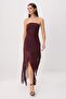 Bordo Dantel Detaylı Süper Mini Straplez Maxi Örme Abiye & Mezuniyet Party Elbisesi TPRSS26AE00203 - 2