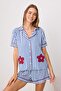 Mavi Çizgili Çiçekli Viskon Dokuma Pijama Takımı THMSS26PT00246
