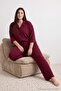 Bordo Yumuşak Tuşeli Truvakar Kol Gömlek Yaka Örme Büyük Beden Pijama Takımı - 4