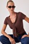 Brown Plain Fitted Halter Neck Short Soft Knitted T-Shirt Twoss26Ts00376 - 2