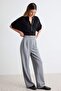 Yunus Gri Cırt Cırt Kapamalı Yüksek Bel Pileli Wide Leg/Geniş Kesim Örme Pantolon TWOAW24PL00177 - 2