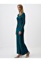 Petrol Green Relaxed Fit Wide Leg Janjan Knitted Trousers - 2