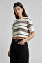 Ecru Standard Fit Regular Cut Crew Neck Short Sleeve Striped Women's T-Shirt Blouse - 4