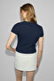 UDINES Women's Soft , Stretchy Fabric Printed Detail Slim Fit Navy Blue T-Shirt - 6