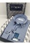 Slim Fit Long Sleeve Lycra Striped Collar Buttoned Gift Boxed Men's Shirt Fs-003669 - Cobalt Blue - 3