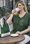 Cedy - Women's Special Design Stretchy , Sequin, Lace Detailed Washed V-Neck Large Size T-Shirt - 8