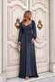Sandy Stretch Fabric Shoulder Front Gather Detailed Evening Dress 582672 Smoked - 2