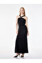 Slim Fit Halter Neck Sleeveless Long Evening Dress with Metal Accessories - 2